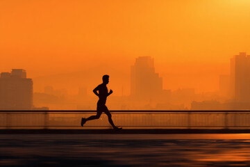 Marathon Runner Silhouette at Dawn with Urban Cityscape Background