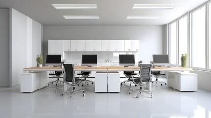 minimal office with desks and chairs isolated on white background