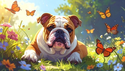 Adorable Bulldog in a Flower Field.