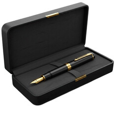Elegant Black and Gold Fountain Pen in Luxurious Leather Case on Dark Background 3D Render for Stationery Branding