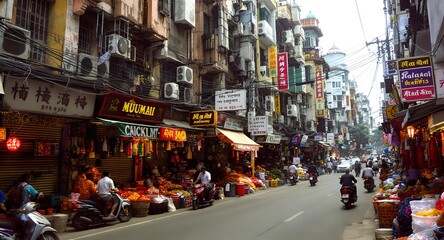 Obraz premium Vibrant Asian Street Market: Scooters, Colorful Stalls, Historic Buildings, and Tangled Wires Under Hazy Sky