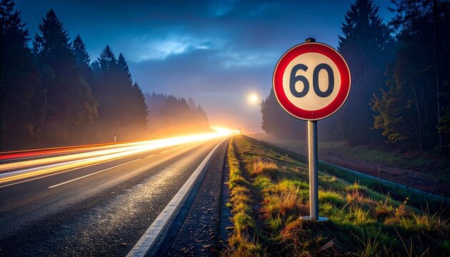 Road and speed limit sign at dusk: A captivating photo showcases a road stretching into the distance, illuminated by streaks of car lights. At the edge of the road, a prominent speed limit sign of 60. - Powered by Adobe