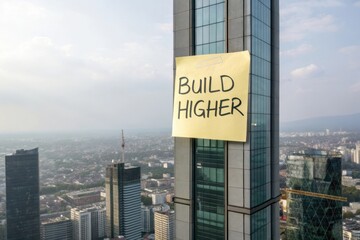 Obraz na płótnie Canvas Inspirational note on skyscraper urging urban development and growth in a bustling city skyline during a bright sunny day