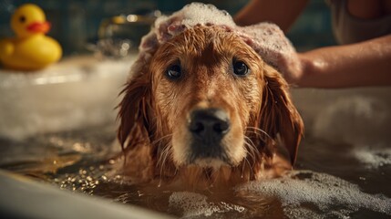 Close-up shot of a woman's hands massaging shampoo into the fur of a calm golden retriever in a bathtub. 