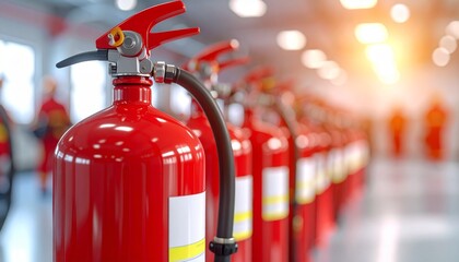 Emergency Readiness: A row of pristine red fire extinguishers stands at attention in a bright interior, embodying safety and preparedness.