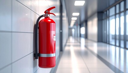 Fire Extinguisher in Hallway: A vivid red fire extinguisher hangs securely on a tiled wall in a bright, well-lit hallway. Ready for any emergency.