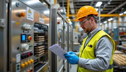 Industrial electrical contractor taking notes and measurements, to assess where to place sensors on modern factory machine