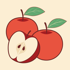 Simple Flat Design Illustration of Three Red Apples with Green Leaves fruit food