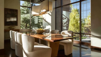 Fototapeta premium contemporary dining space with floating chairs and bright sunlight