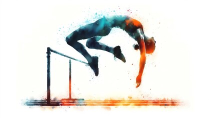 Watercolor art of high jumper athlete clearing the bar in mid air gracefully