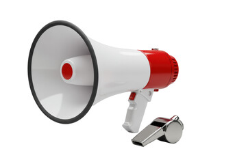 transparent megaphone with red cone & silver whistle, angled 45 degrees, on seamless transparent background with bright studio lighting, professional product display concept