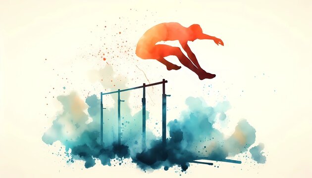 Watercolor painting of a person jumping over parallel bars in an artistic style