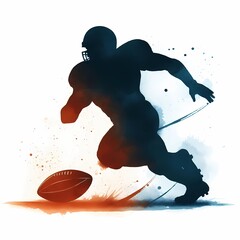 Silhouette of american football player running with ball watercolor illustration
