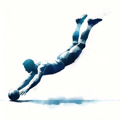 Watercolor illustration of a rugby player diving to catch the ball in mid air