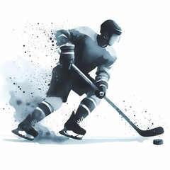 A watercolor painting of a hockey player skating with a puck on a white background
