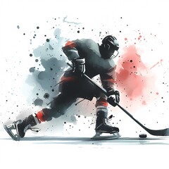 A watercolor style illustration of a hockey player in action with a puck nearby