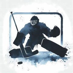 Silhouette of hockey goalie in action with stick and puck near the net area