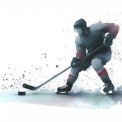 Watercolor illustration of a hockey player in action with puck and stick ready