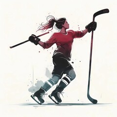 A woman in hockey gear skates with sticks raised celebrating a win on ice rink
