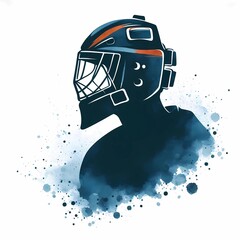 Illustration of a hockey goalie with helmet and watercolor splash effect art