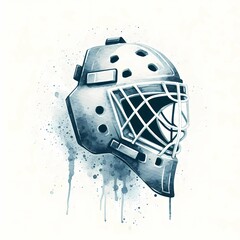 Watercolor illustration of a hockey goalie mask with splatters and drips art