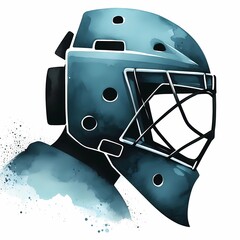 Isolated watercolor illustration of a blue hockey goalie mask on a white background