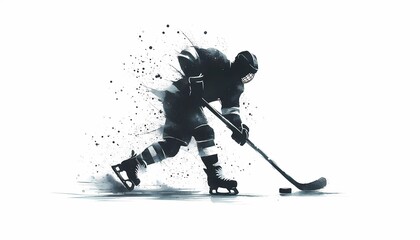 A stylized depiction of a hockey player skating with a stick and puck on ice