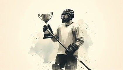 Hockey player in helmet holding trophy and stick in watercolor illustration