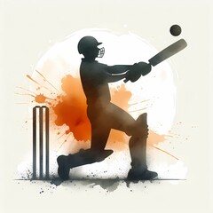 Silhouette of a cricket player batting with ball and wickets on light background