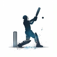 Silhouette of a cricket batsman hitting the ball with wickets in the background