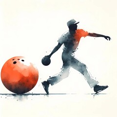 Watercolor art of a bowler in motion with an orange bowling ball on white background