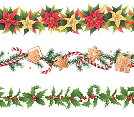 Festive Christmas Seamless Border Set with Red Poinsettia, Holly, Fir Branches, Candy Cane and Gingerbread Cookies. Holiday Frame Collection for Gift Wrap, Textile Design, Scrapbooking and Season