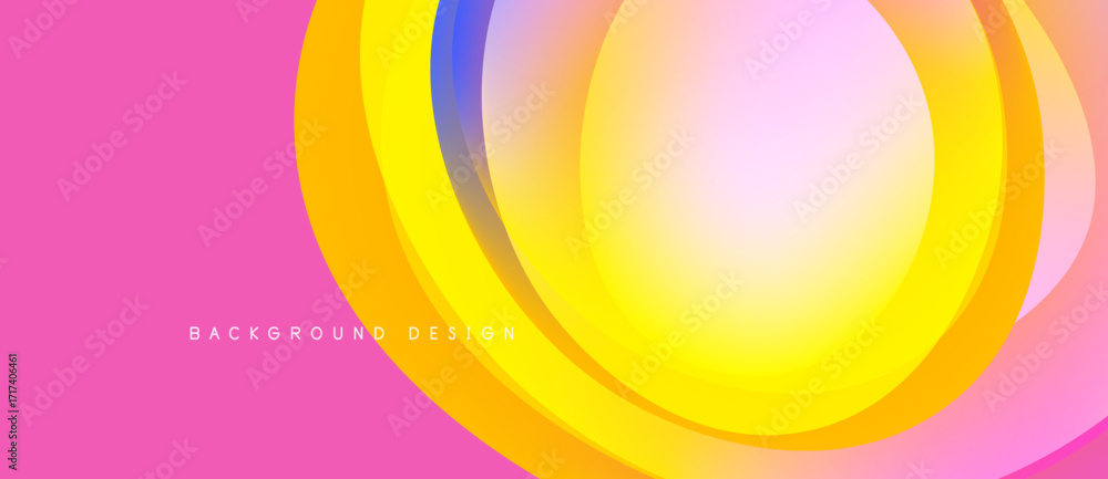 Poster abstract vibrant layers create dynamic circular design. pink backdrop complements yellow, blue gradi