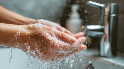 Fototapeta premium young woman washing cleansing soapy hands in bathroom to prevent coronavirus infection cleaning skin care in foamrubbing hands rinsing with running water covid 19 protection concept close up view no 