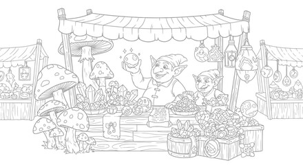 Obraz premium Coloring Page – A bustling goblin marketplace with stalls of colorful treasures