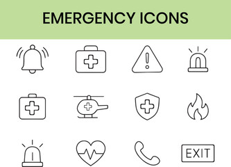 Minimalist Emergency line icons set with editable stroke, featuring danger, warning, caution, emergency response, 911, paramedic, accident, alert, safety, sos, cone, fire. thin linear illustration