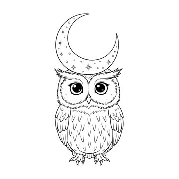 Cute Kaomoji Owl in Moonlight Coloring Page Forest Art Theme