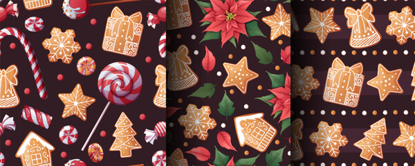 Festive Christmas Seamless Pattern with Red Poinsettia and Iced Gingerbread Cookies. Holiday Background for Gift Packaging, Textile Design, Wallpaper and Seasonal Decor.