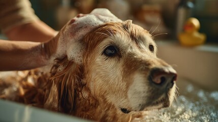 Close-up shot of a woman's hands massaging shampoo into the fur of a calm golden retriever in a bathtub. Water ripples, shiny wet fur, rich lather. 