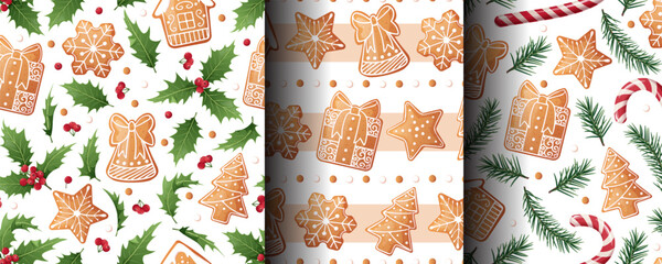 Festive Christmas Seamless Pattern with Gingerbread Cookies, Holly, Fir Branches and Candy Cane. Holiday Background for Gift Wrap, Textile Design, Wallpaper and Sweet Seasonal Decor.