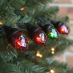 Christmas string lights with red, green, and amber bulbs.  Black wire, cone-shaped bulbs.  Against a decorated Christmas tree