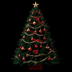 Christmas tree, decorated with red ornaments and gold trim, on black background