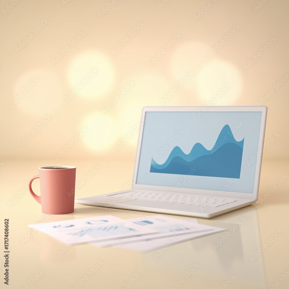 Poster laptop displaying analytical graphs on screen, with a pink coffee mug beside it, and printed documen
