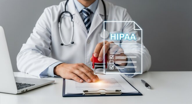 A doctor in a white coat and stethoscope is sitting at a desk and stamping a document. A glowing digital overlay of a HIPAA (Health Insurance Portability and Accountability Act) compliance form is sup