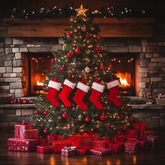 Christmas tree with stockings and presents by a fireplace