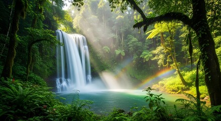 Obraz premium Serene Waterfall in Rainforest: A breathtaking view of a majestic waterfall cascading into a serene pool, encircled by vibrant green foliage in a lush rainforest.