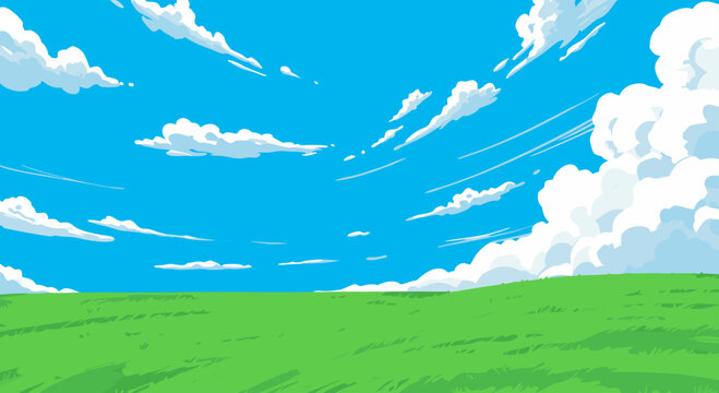 Vast Green Meadow Under a Bright Blue Sky Filled with Fluffy White Clouds and Wispy Streaks