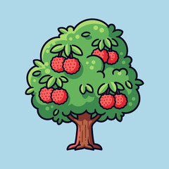 Cartoon style tree with red fruits and green leaves on a blue background.