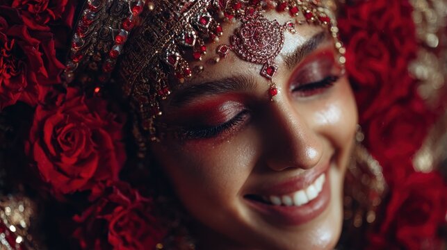 durga mata portrait with crown and red roses mata durga smiling portrait with soft light jewelry crown