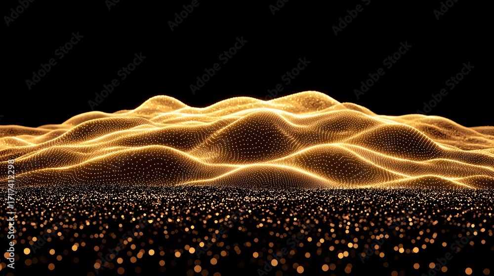 Aufkleber the image features a digital landscape of golden light points forming undulating hills against a dar